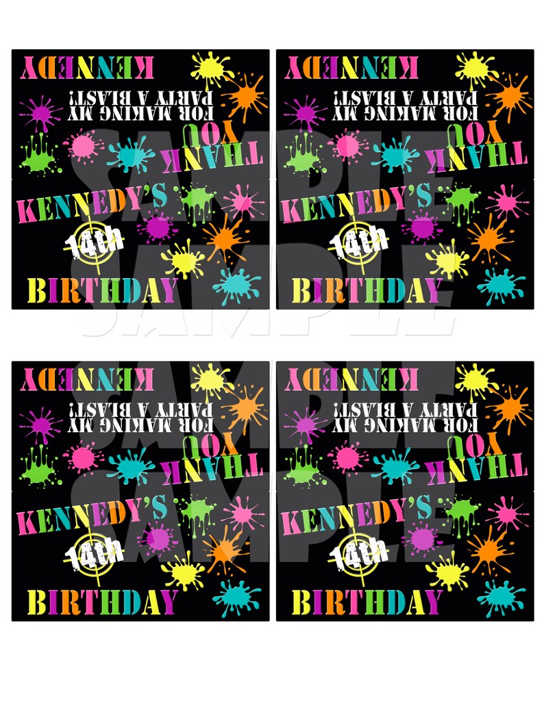 Puede incluir: Cuatro etiquetas de regalo de fiesta imprimibles en blanco y negro con salpicaduras de pintura verde ne&oacute;n, rosa, amarillo, azul y naranja. El texto en las etiquetas dice "&iexcl;Gracias por hacer de mi fiesta un &eacute;xito! Kennedy's 14th Birthday".