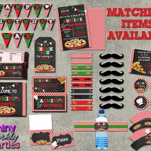 May include: A set of printable pizza party decorations in red, green, and black. The set includes a welcome sign, a birthday banner, cupcake toppers, water bottle labels, and favor tags. The text on the signs reads "Welcome to Carmine's Pizzeria" and "Carmine's 1st Birthday".