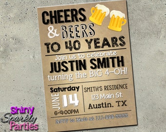 CHEER And BEERS INVITATION, "40th Birthday Invitation", Beers and Cheers Birthday Invite, Birthday Invitation for a guy, 30th 50th 60th
