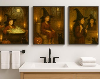 Lot de 3 oeuvres d'art imprimables de salle de bains de sorcière, impressions de sorcière amusantes, galerie d'automne effrayante, sorcière dans la baignoire, décoration d'automne effrayante, art mural, imprimable