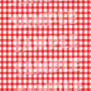 May include: Red and white gingham background with the word "SAMPLE" repeated five times in white, semi-transparent text.