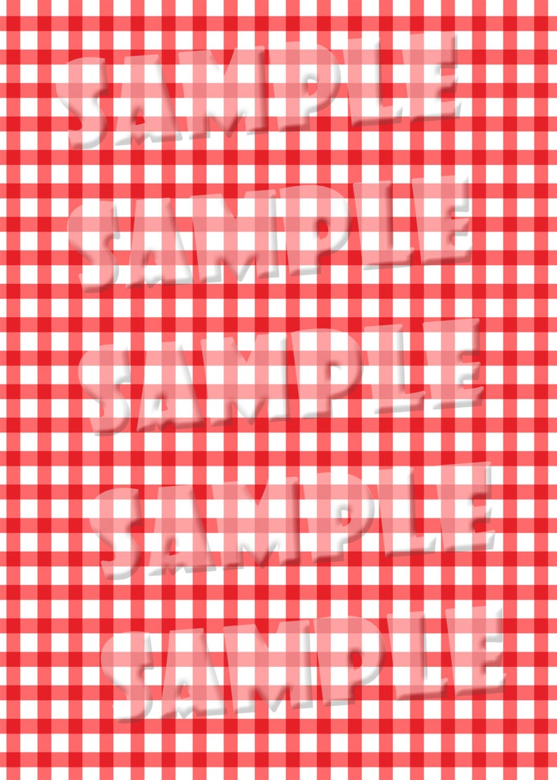 May include: Red and white gingham background with the word "SAMPLE" repeated five times in white, semi-transparent text.