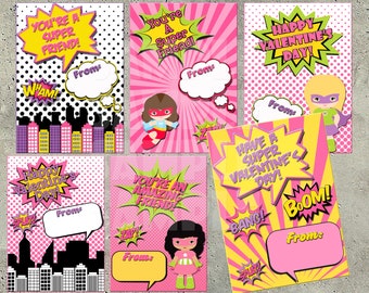 GIRLS SUPERHERO VALENTINES - Valentines for Girls - Super Hero Valentines - Comic Book Valentine Cards - Girl Valentines - Classroom