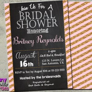 BRIDAL SHOWER INVITATION, Pink and Gold Chalkboard Invite, Shower, Wedding Shower, Bridal Brunch, Lingerie shower, Chalkboard, Girl&#39;s Night