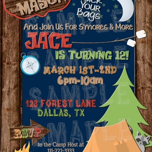 May include: Camp-themed invitation with a wooden frame. The invitation features text that reads "Camp Mason" and "Jace is turning 12!" with camping-related graphics like a tent, campfire, and raccoon.