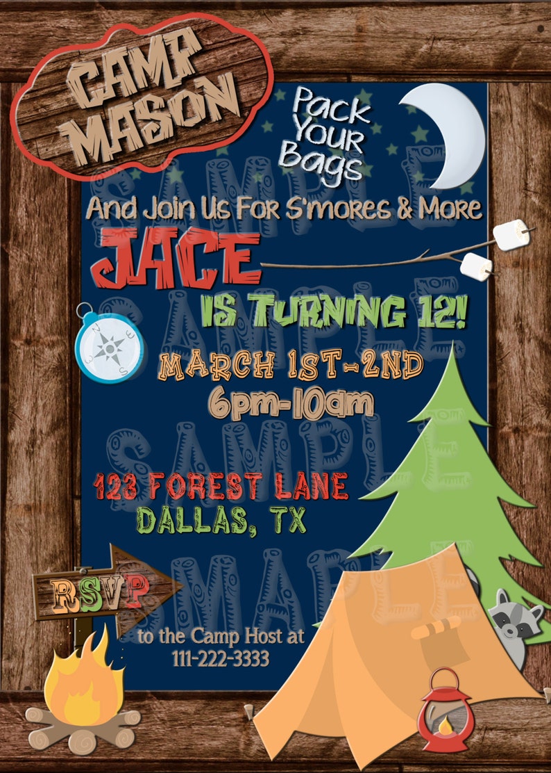 May include: Camp-themed invitation with a wooden frame. The invitation features text that reads "Camp Mason" and "Jace is turning 12!" with camping-related graphics like a tent, campfire, and raccoon.