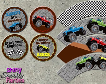 MONSTER TRUCK CUPCAKE Toppers - "Monster Truck Party" - Monster Truck Birthday Party Decor - Monster Truck Cupcake Wrappers - Truck Party
