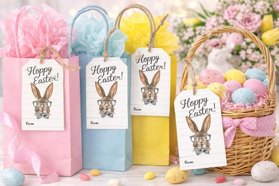 EASTER GIFT TAGS, Easter Bunny With Glasses Gift Tags, Diy Spring Tags, Easter Basket Tags, Hoppy Easter, Rustic Bunny Treat Tags, Bag Tags