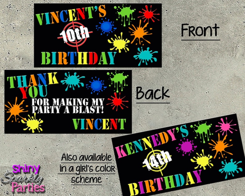 Puede incluir: Dos etiquetas de favor imprimibles en blanco y negro con salpicaduras de pintura de colores. La etiqueta delantera dice "Vincent's 10th Birthday" y la etiqueta trasera dice "Gracias por hacer de mi fiesta un &eacute;xito! Vincent".