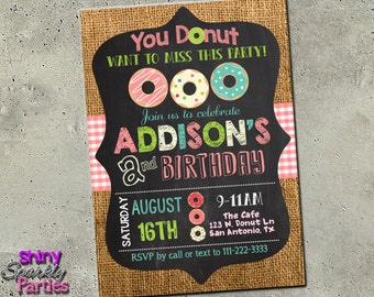 DONUT INVITATION, Donut Birthday Invitation, Burlap and Chalkboard Invite, First Birthday, Brunch, Breakfast, Donut Party, Pajama Party,