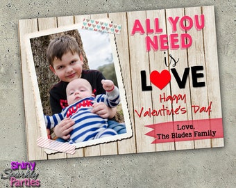 VALENTINE'S DAY PHOTO Card, Valentines Custom Photo Card, Family Valentine Cards, All You Need Is Love, Kids Photo Card, Rustic, Photos,