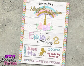 May include: A white wooden invitation with a gold glitter border and a unicorn illustration. The invitation reads "Join us for a Magical Celebration Emma is turning 2 June 14th 1:00PM 123 Magic Way Denver, CO RSVP to Dani at 111-222-3333"