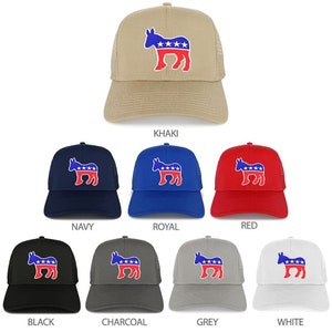 May include: A set of ten trucker hats featuring a red, white, and blue donkey with five stars. The hats are available in ten colors: khaki, navy, royal blue, red, black, charcoal, grey, white, pink, and teal.