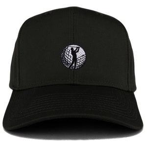 May include: A black baseball cap with a white embroidered design of a golfer swinging a club inside a golf ball.