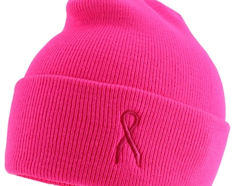 Made in USA Breast Cancer Pink Ribbon Embroidered Cuff Long Beanie - Black or Pink