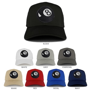 May include: A set of 10 baseball caps with a black 8-ball design. The caps are available in black, white, grey, charcoal, khaki, red, royal blue, and navy.