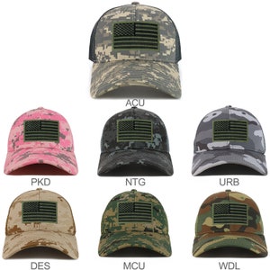 Black Olive American Flag Patch Camouflage Structured Mesh Trucker Cap