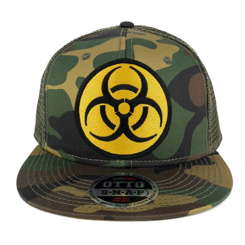 BIOHAZARD Circular Yellow Black Embroidered Patch Camo Flat Bill Snapback Mesh Cap 153-1120-OTHER-27 image 3