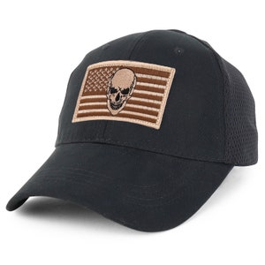 May include: A black baseball cap with a mesh back panel. The cap features a brown and tan embroidered patch of a skull with an American flag design.