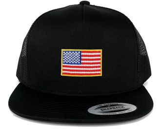 Oversize XXL Small USA Flag Patch 5 Panel Flatbill Snapback Mesh Cap
