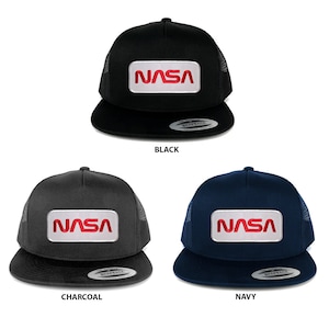 Flexfit 5 Panel NASA Worm Red Text Embroidered Patch Snapback Mesh Trucker Cap (6006-PM303)