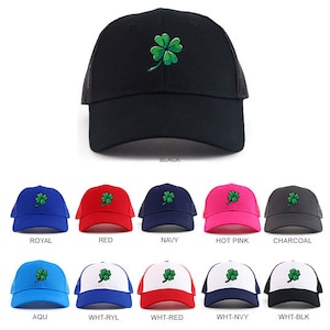 May include: Ten different color variations of a black mesh baseball cap with a green four-leaf clover embroidered on the front. The colors include black, royal blue, red, navy blue, hot pink, charcoal, aqua, white with royal blue, white with red, white with navy blue, and white with black.