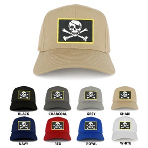 May include: A set of 10 baseball caps featuring a skull and crossbones patch. The caps are available in black, charcoal, grey, khaki, navy, red, royal blue, and white.
