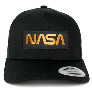FLEXFIT NASA Worm Gold Text Embroidered Iron on Patch Snapback Mesh Trucker Cap - Black (6606-PM302-BLACK)