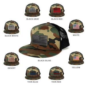 May include: A collection of ten trucker hats with a variety of camouflage patterns and American flag patches. The hats are available in black, white, gray, red, olive, desert, thin blue, and thin red.
