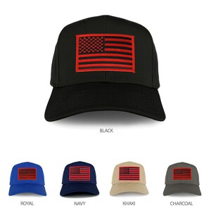 May include: A set of six baseball caps with an American flag patch on the front. The caps are available in black, royal blue, navy blue, khaki, and charcoal.