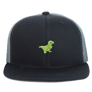 May include: Black and grey trucker hat with a green dinosaur embroidered on the front.