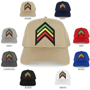 May include: A set of ten trucker hats in various colors, each featuring a black, yellow, green, and red arrow patch. The hats are made of a mesh material with a solid colored front panel.