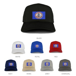 Könnte beinhalten: Eine Auswahl an Baseballkappen mit der Flagge des Bundesstaates Virginia in verschiedenen Farben, darunter Schwarz, Weiß, Königsblau, Rot, Marineblau, Khaki, Grau und Anthrazit.