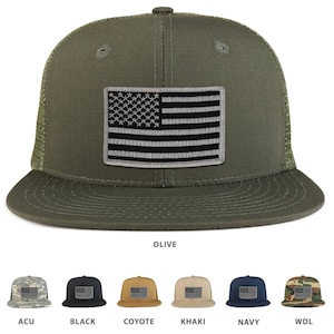 May include: Olive green trucker hat with a black and white American flag patch. The hat has a mesh back and a flat brim. The word "OLIVE" is printed below the hat. Additional hat colors include ACU, BLACK, COYOTE, KHAKI, NAVY, and WDL.
