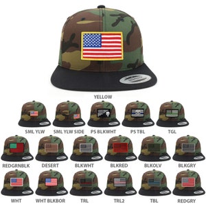 May include: A collection of 15 baseball caps with different colored American flag patches. The caps are all black and camouflage.