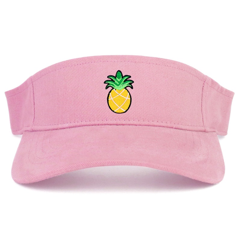 May include: Pink visor with a yellow pineapple embroidered on the front.