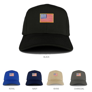 May include: A set of baseball caps in various colors, each featuring an embroidered American flag on the front. The colors include black, royal blue, navy blue, khaki, and charcoal.