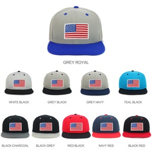 Youth Kid&#39;s White American Flag Patch Flat Bill Snapback 2-Tone Baseball Cap