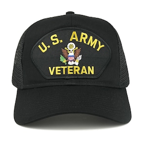 May include: Black mesh trucker hat with a black patch that says "U.S. ARMY VETERAN" in yellow lettering and features an embroidered American eagle.