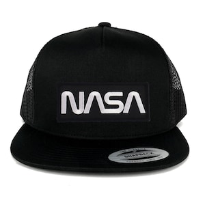 NASA Black White Worm Patch 5 Panel Flat Bill Trucker Mesh Cap