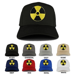 May include: A collection of baseball caps in various colors, each featuring a yellow and black radiation symbol on the front. Colors include black, charcoal, grey, khaki, navy, red, royal blue, and white.