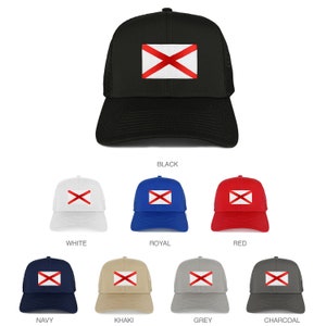May include: A trucker hat with a red cross on a white background. The hat is available in 10 different colors: black, white, royal blue, red, navy blue, khaki, grey, charcoal, pink, and teal.