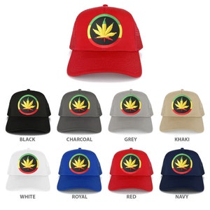 May include: A set of ten trucker hats in various colors, each featuring a green, yellow, and red marijuana leaf design. The hats are available in black, charcoal, grey, khaki, white, royal blue, red, and navy.