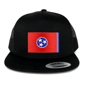 May include: Black trucker hat with a red, white, and blue Tennessee state flag patch. The hat has a black mesh back and a black snap closure.