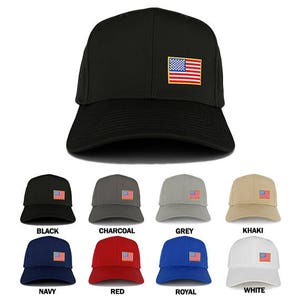 May include: Ten baseball caps in different colors with an embroidered American flag on the front. The colors are black, charcoal, grey, khaki, navy, red, royal, white.