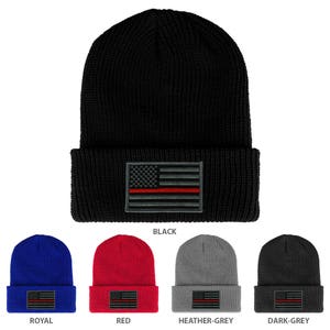 May include: A set of ten knit beanies with a thin red stripe American flag patch. The beanies are available in black, royal blue, red, heather grey, and dark grey.