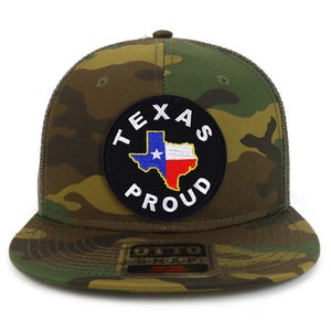 May include: A camouflage trucker hat with a black and white patch that says "Texas Proud" with a red, white, and blue outline of the state of Texas inside the circle.