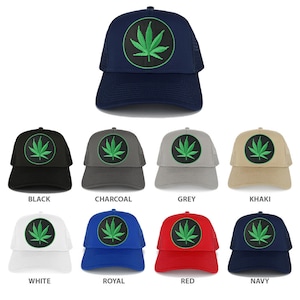 May include: A set of ten trucker hats with a green marijuana leaf embroidered on the front. The hats are available in black, charcoal, grey, khaki, white, royal blue, red, and navy.