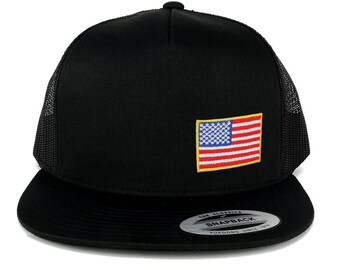 Oversize XXL Small Side USA Flag Patch 5 Panel Flatbill Snapback Mesh Cap