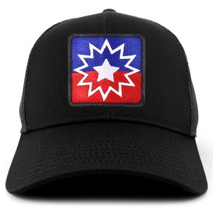 May include: Black trucker hat with a red, white, and blue starburst patch. The patch features a white star in the center.